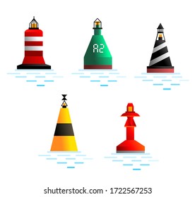 Set of colorful buoys in the water with lighter on top. Float in sea. Equipment for safety in sea. Cartoon concept. Vector illustration.