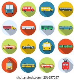 A set of colorful buses, trams and trolleybuses vector icons. Flat design style elements collection.