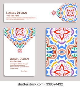 set of colorful business card and header templates with hand drawn tribal ornament, mandala, for greeting, invitation card, or cover. Vector illustration