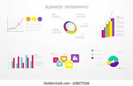 Set of colorful business diagrams. Abstract web and app elements. Business progress and regression. Round, triangular and rectangular figures for presentations. Vector illustration. EPS 10.
