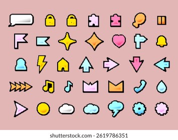 set of colorful business game icon, modern retro trendy pixel gradient art decoration elements vector illustration for game or any template
