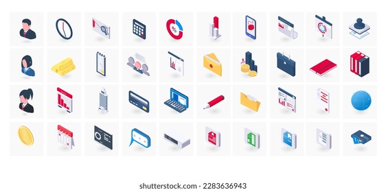 Set of colorful business icons isolated on white background. Web office elements in 3d isometric design. Financial symbols for finance manager chat buttons for internet support. Vector illustration