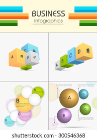 Set of colorful Business Infographic elements including 3D cubes, sphere and circles for corporate sector.