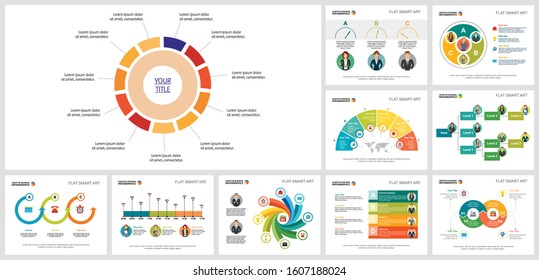 Set of colorful business infographic slide designs. Can be used for workflow layout, annual report, presentation slide, web design. Business and accounting concept with doughnut, cycle and flow charts
