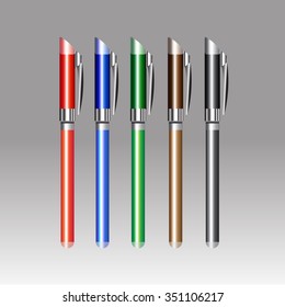 Set of Colorful Business Pens Isolated on Silver Background. 3D Vector Illustration