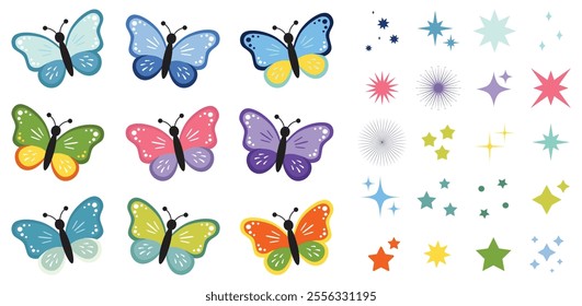 Set of colorful butterflies. Collection of butterflies. Color butterflies clipart. Baby shower design elements. Party invitation, birthday celebration. Spring, summer decor. Sparkles icons, star shape