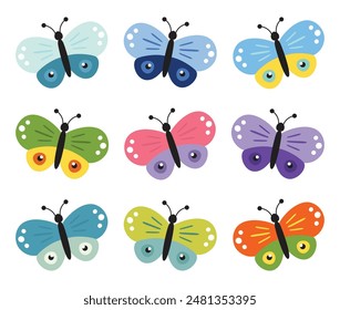 Conjunto de mariposas de colores. Colección de mariposas. Ilustración vectorial. Juego de Clipart de mariposas multicolores. Elementos de diseño de ducha para bebés. Invitación de fiesta, celebración de cumpleaños. Primavera, decoración de verano