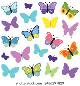 Set of colorful butterflies. Collection of butterflies. Vector illustration.Multicolored butterflies clipart set.Baby shower design elements.Party invitation, birthday celebration. Spring,summer decor