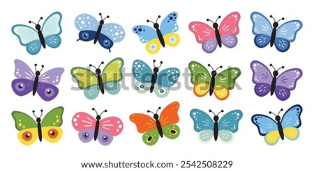Set of colorful butterflies. Collection of butterflies. Vector illustration.Multicolored butterflies clipart set.Baby shower design elements.Party invitation, birthday celebration. Spring,summer decor