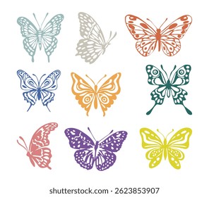 A set of colorful butterflies with different shades of blue, pink, yellow, and green. The butterflies are arranged in a grid pattern, with some overlapping each other. Scene is cheerful and vibrant