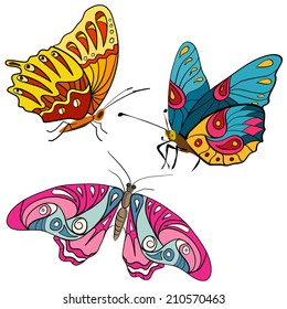 set of colorful butterflies doodle. vector illustration