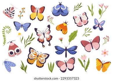 Set Of Colorful Butterflies, Dragonflies and Moths, Each Unique In Size, Shape, And Color, Representing Beauty And Diversity Of Natural World Isolated on White Background. Cartoon Vector Illustration