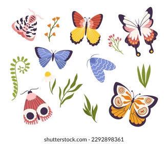 Set Of Colorful Butterflies, Fluttering With Grace And Beauty, Showcasing Intricate Patterns And Vibrant Hues, A Symbol Of Transformation, Freedom, And Natural Wonder. Cartoon Vector Illustration