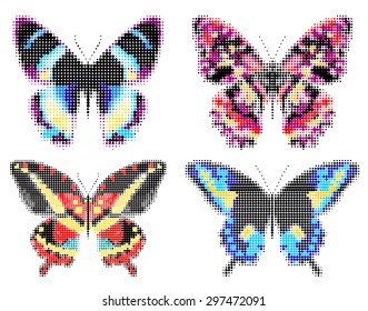 Set of colorful butterflies. Halftone effect.Vector, EPS10.