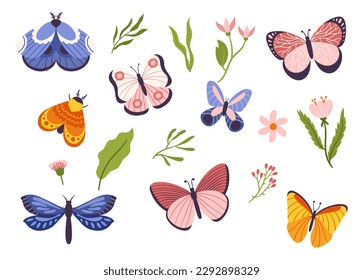 Set Of Colorful Butterflies, Moths and Dragonflies With Intricate Patterns and Bright Colorful Wings, Representing Beauty And Fragility Of Nature For Crafts and Decor. Cartoon Vector Illustration