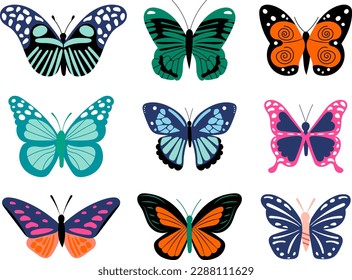 set of colorful butterflies on a white background, vector