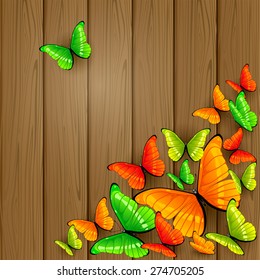 Set of colorful butterflies on wooden background, illustration.