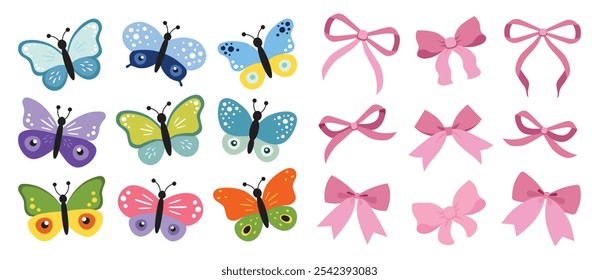 Conjunto de mariposas de colores y arcos de color rosa. Ilustración vectorial. Conjunto de Clipart de mariposas multicolores. Elementos de diseño de ducha para bebés. Invitación de fiesta, celebración de cumpleaños. Primavera, decoración de verano