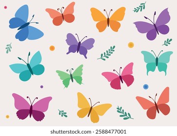 Set of colorful butterflies with simple, solid-colored wings and minimalistic design. Each butterfly has a unique shape and vibrant tones, representing diversity in form. Clean and modern flat