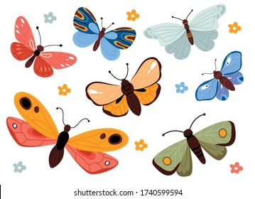 Set of colorful butterflies. Summer mood.Cartoon insects collection with colorful flying butterflies .Illustration for children's book.Perfect for greetings, cards, posters, congratulations  or store.