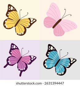 Set of colorful butterflies yellow, pink, purple and blue insect animal icon illustration