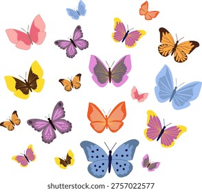 Set colorful butterfly collection featuring various decorative butterfly species with bright patterned wings arranged as a nature themed set for design