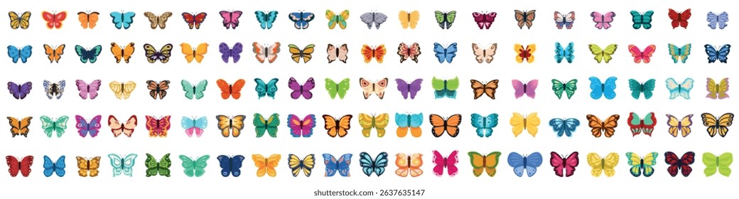 Set of colorful butterfly icons showcasing diverse wing patterns and colors, ideal for nature, wildlife, and entomological designs