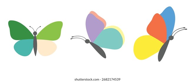 Set of Colorful Butterfly Illustrations in Flat Design Style on White Background