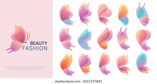 set of Colorful butterfly logo. Overlay transparent sheets style. Vector illustration