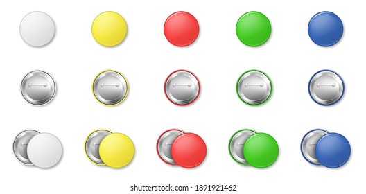 Set of colorful button pins isolated on white background. Big round badges collection. Glossy plastic button, realistic brooch pins. Mockup vector illustration