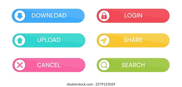 Set of colorful button with sign icon. Download, upload, cancel, login, share, search. Element button for web design