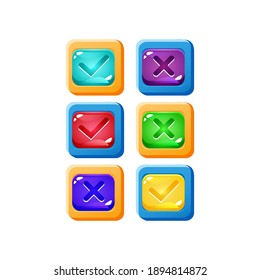 set of colorful button yes and no check marks jelly game ui with funny border for gui asset elements vector illustration