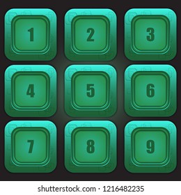 A set of colorful buttons with numbers from one to nine on a dark background. Vector design element.