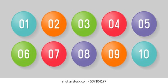 Set of colorful buttons with numbers from one to ten with shadow