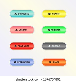 Set of colorful buttons for website or game. Flat vector button design with text icons.