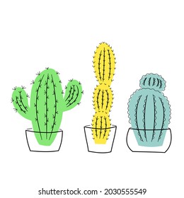 Set of colorful cacti in pots vector illustration