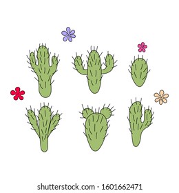 Set of colorful cactus plants. Decorative isolated icons. Cartoon style doodles. Floral vector illustration for fabric, textile, wallpaper, posters, paper, fabric, textile. Hand drow design.