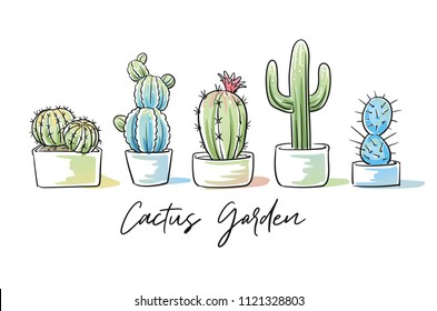 Set of colorful cactus plants in garden pottery with hand written font. Hand drawn doodle sketch vector illustration.