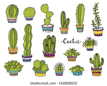 Set of colorful cactus in a pot on a white background. Doodle. Vector illustration.  Perfect for banner, invitation, greeting card, print.