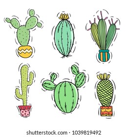 set of colorful cactus with pot using doodle or hand drawn style