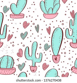 Set of colorful cactuses. Seamless pattern with cactuses. Vector.