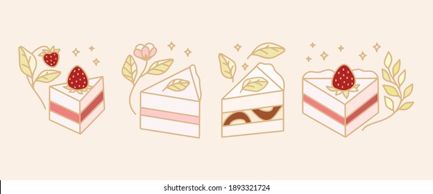 Set of colorful cake, cute pastry, bakery elements with strawberry and leaf branch for icon, symbol, thank you card decoration, clipart, and logo design