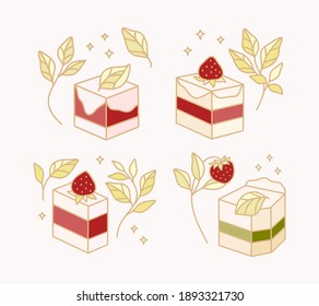 Set of colorful cake, cute pastry, bakery elements with strawberry and leaf branch for icon, symbol, thank you card decoration, clipart, and logo design