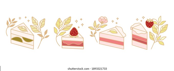 Set of colorful cake, cute pastry, bakery elements with strawberry and leaf branch for icon, symbol, thank you card decoration, clipart, and logo design