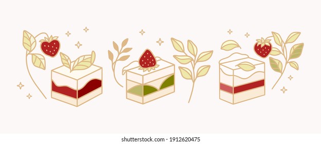 Set of colorful cake, cute pastry, bakery elements with strawberry and leaf branch for icon, symbol, thank you card decoration, clipart, and logo design