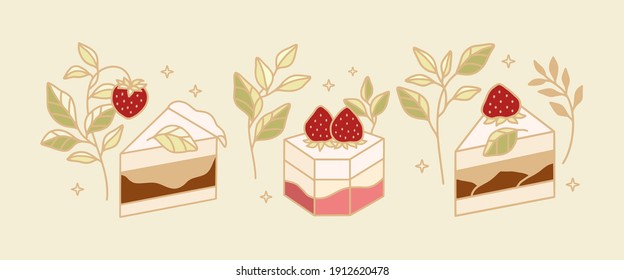 Set of colorful cake, cute pastry, bakery elements with strawberry and leaf branch for icon, symbol, thank you card decoration, clipart, and logo design