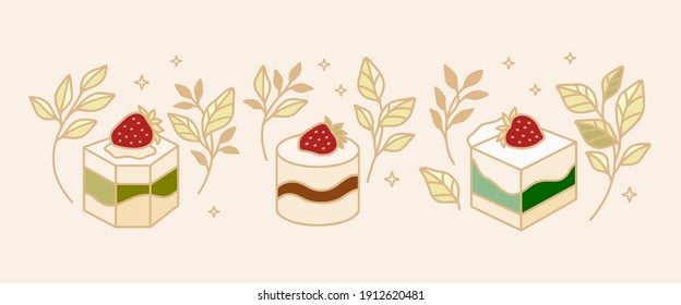 Set of colorful cake, cute pastry, bakery elements with strawberry and leaf branch for icon, symbol, thank you card decoration, clipart, and logo design