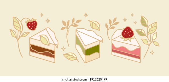 Set of colorful cake, cute pastry, bakery elements with strawberry and leaf branch for icon, symbol, thank you card decoration, clipart, and logo design