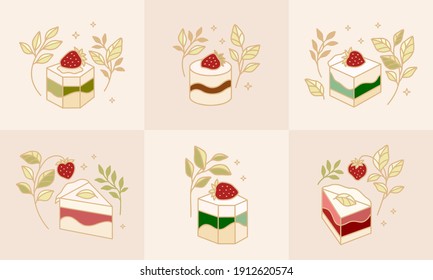 Set of colorful cake, cute pastry, bakery elements with strawberry and leaf branch for icon, symbol, thank you card decoration, clipart, and logo design