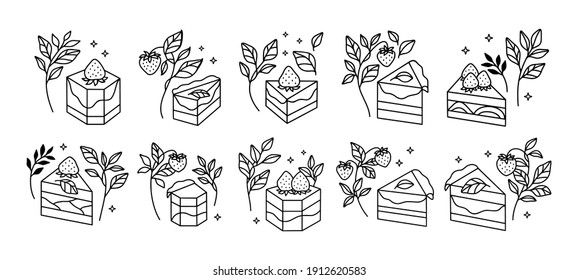 Set of colorful cake, cute pastry, bakery elements with strawberry and leaf branch for icon, symbol, thank you card decoration, clipart, and logo design